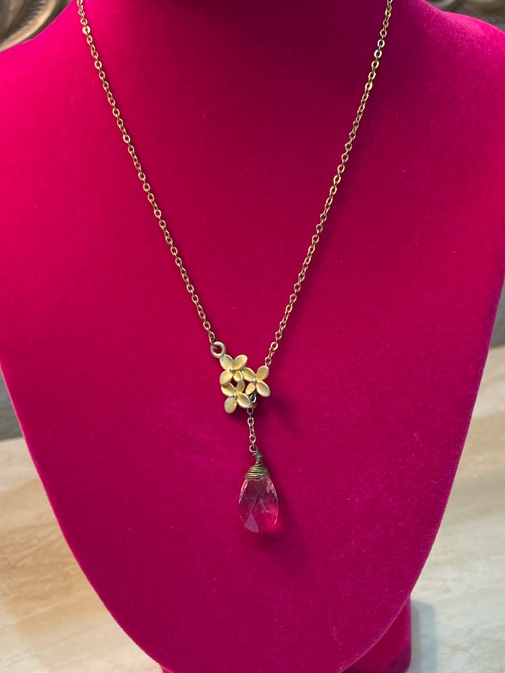 Gold Flower Pendant Necklace with Pink Crystal Drop
